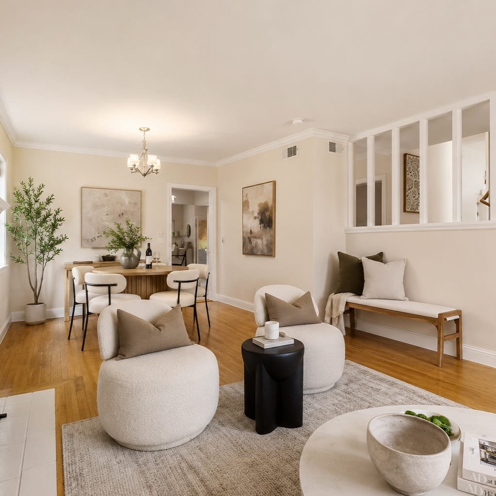 Staged living and dining space with boucle poufs, a round table, and an olive tree