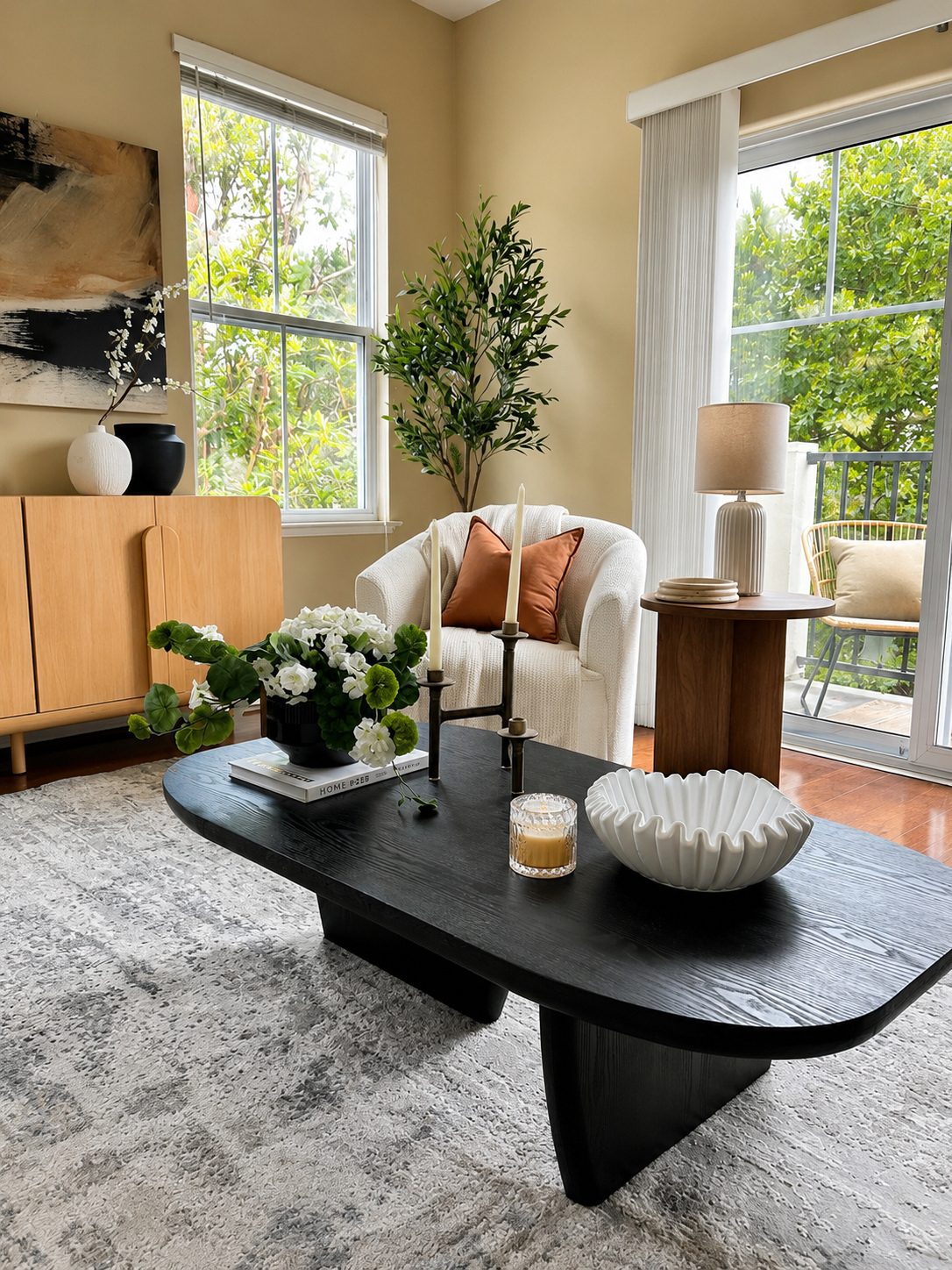 Staged living room with a black oak oval coffee table, a boucle swivel chair, an arched oak sideboard, and a black-and-tan abstract canvas