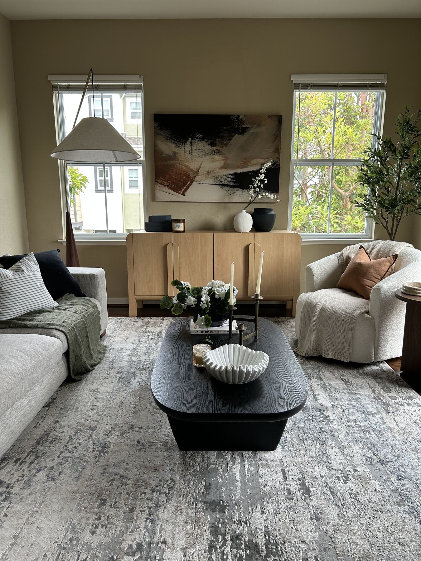 Family room staged by Feather & Pine, Bayshore, San Mateo
