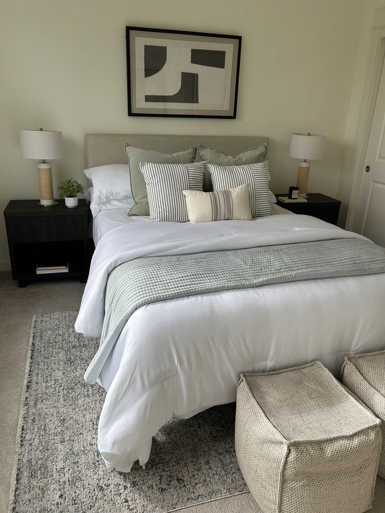 Primary bedroom staged by Feather & Pine, Bayshore, San Mateo