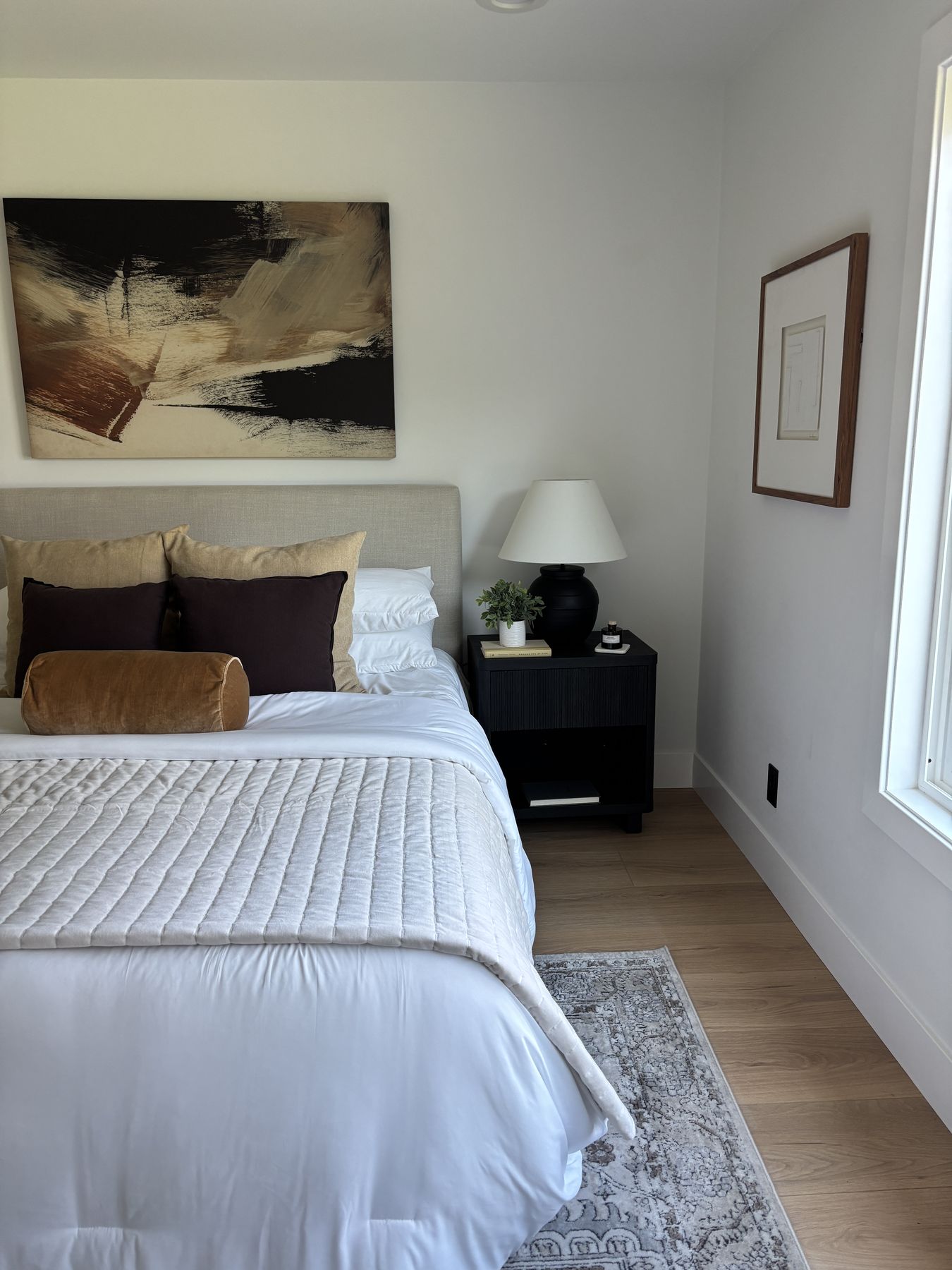 Primary bedroom staged by Feather & Pine, Del Monte, Newark