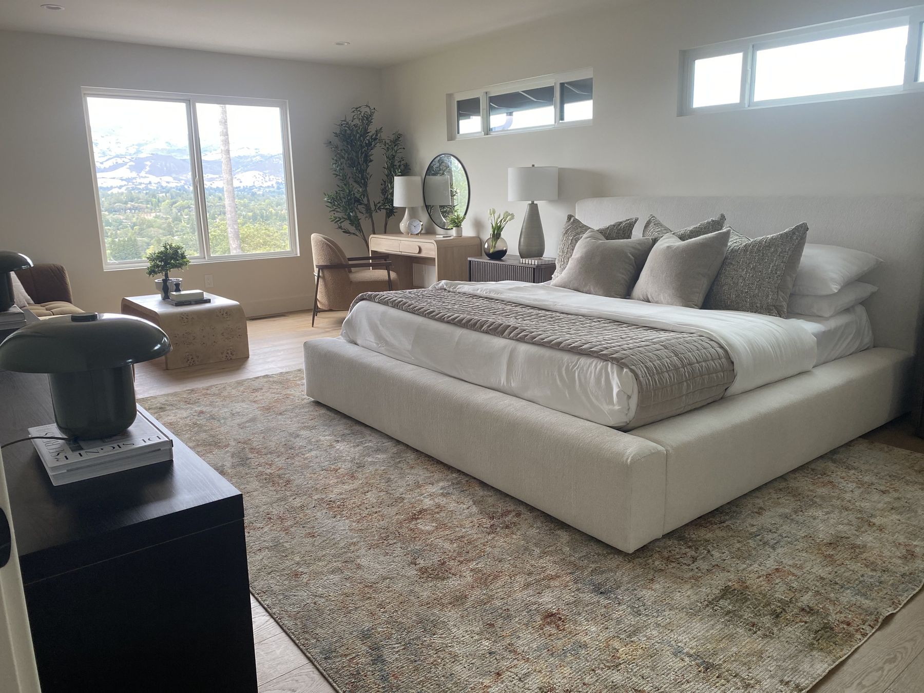 Primary bedroom staged by Feather & Pine, Montcrest Place, Danville
