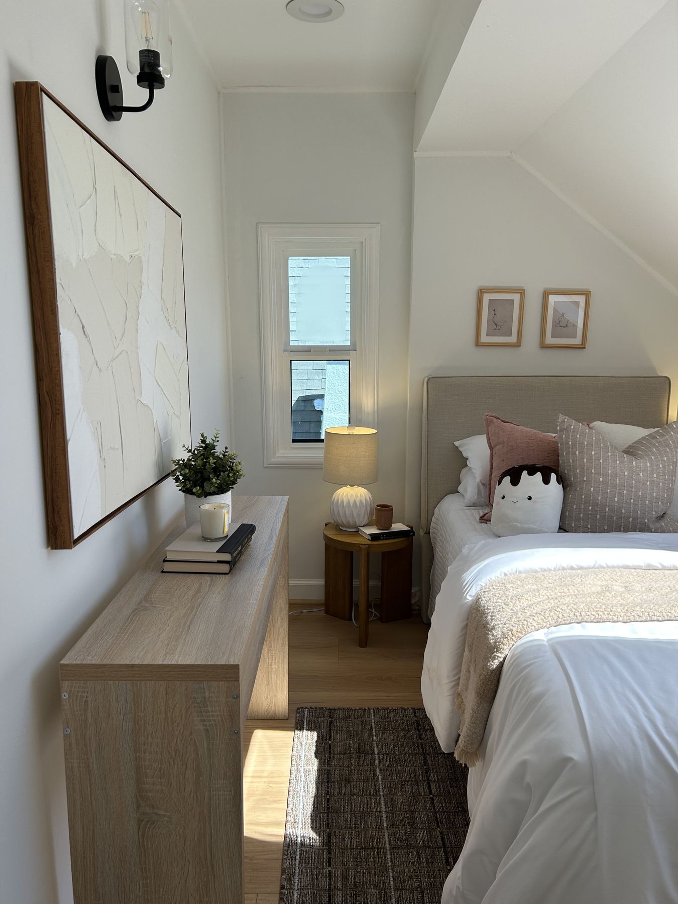 Attic bedroom staged by Feather & Pine, Sheffield, Oakland
